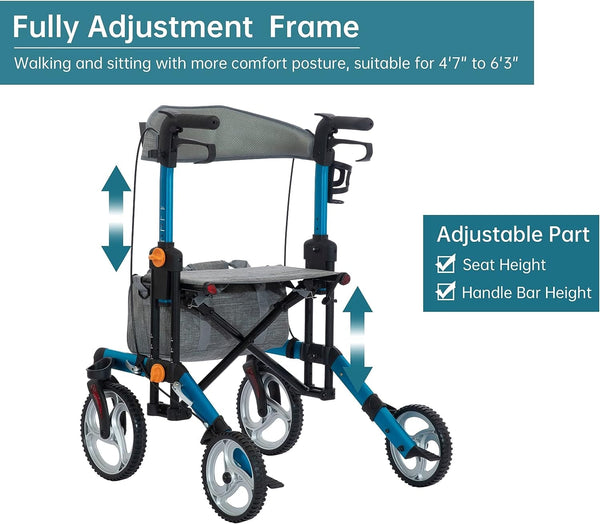 KLD-9282 Dual-Brake Knob Adjustment Height Rollator Walker 10" Wheels