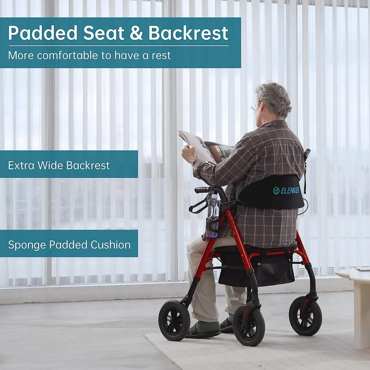 ELENKER All-Terrain Rollator Walker with Seat and Flat-Free 10