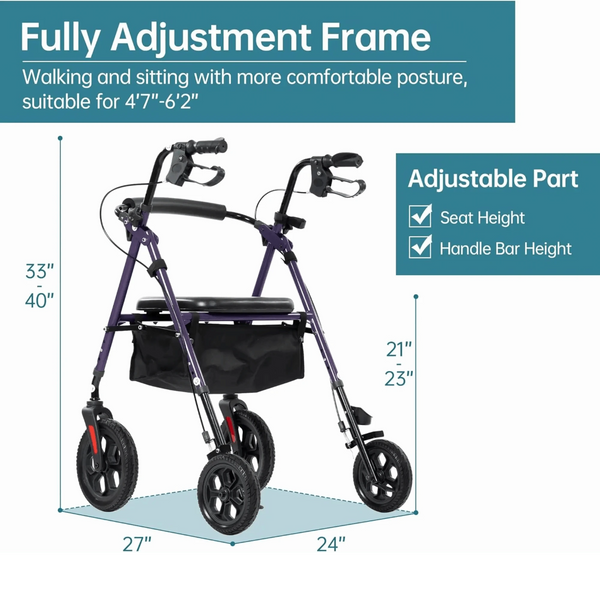 YF-9007D All-Terrain Dual-Brake Rollator Walker 10" wheels