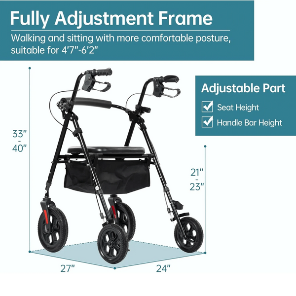 YF-9007D All-Terrain Dual-Brake Rollator Walker 10" wheels