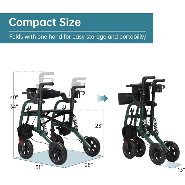 HFK-9294-2 All-Terrain 2-in-1 Shock-Absorbing Rollator Walker 10” Wheels