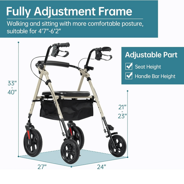 YF-9007D All-Terrain Dual-Brake Rollator Walker 10" wheels
