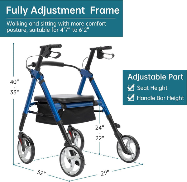 HFK-9219 Dual-Brake Heavy Duty Rollator Walker 10" Wheels