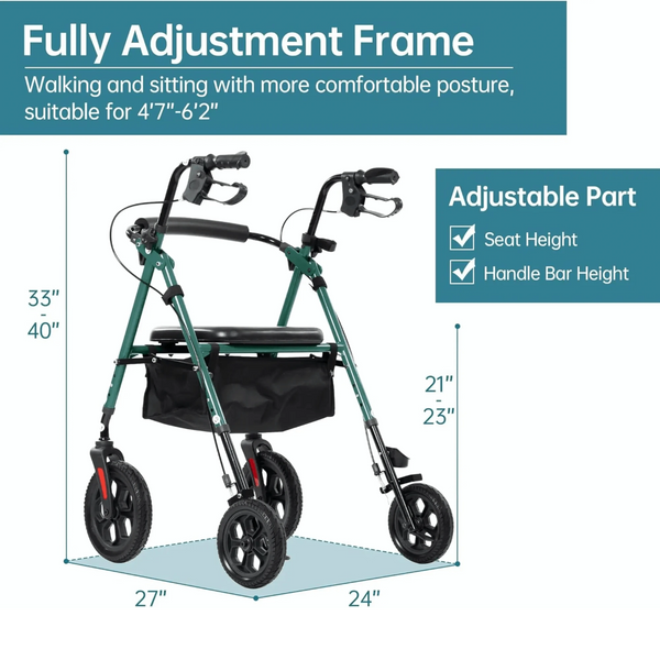 YF-9007D All-Terrain Dual-Brake Rollator Walker 10" wheels
