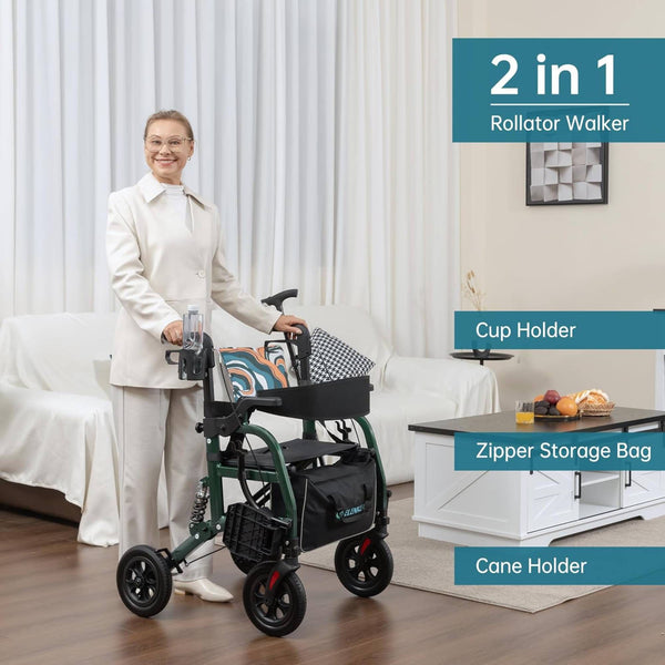 HFK-9294-2 All-Terrain 2-in-1 Shock-Absorbing Rollator Walker 10” Wheels