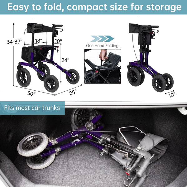 KLD-9212 All Terrain Dual-Brake Rollator Walker 12" Wheels