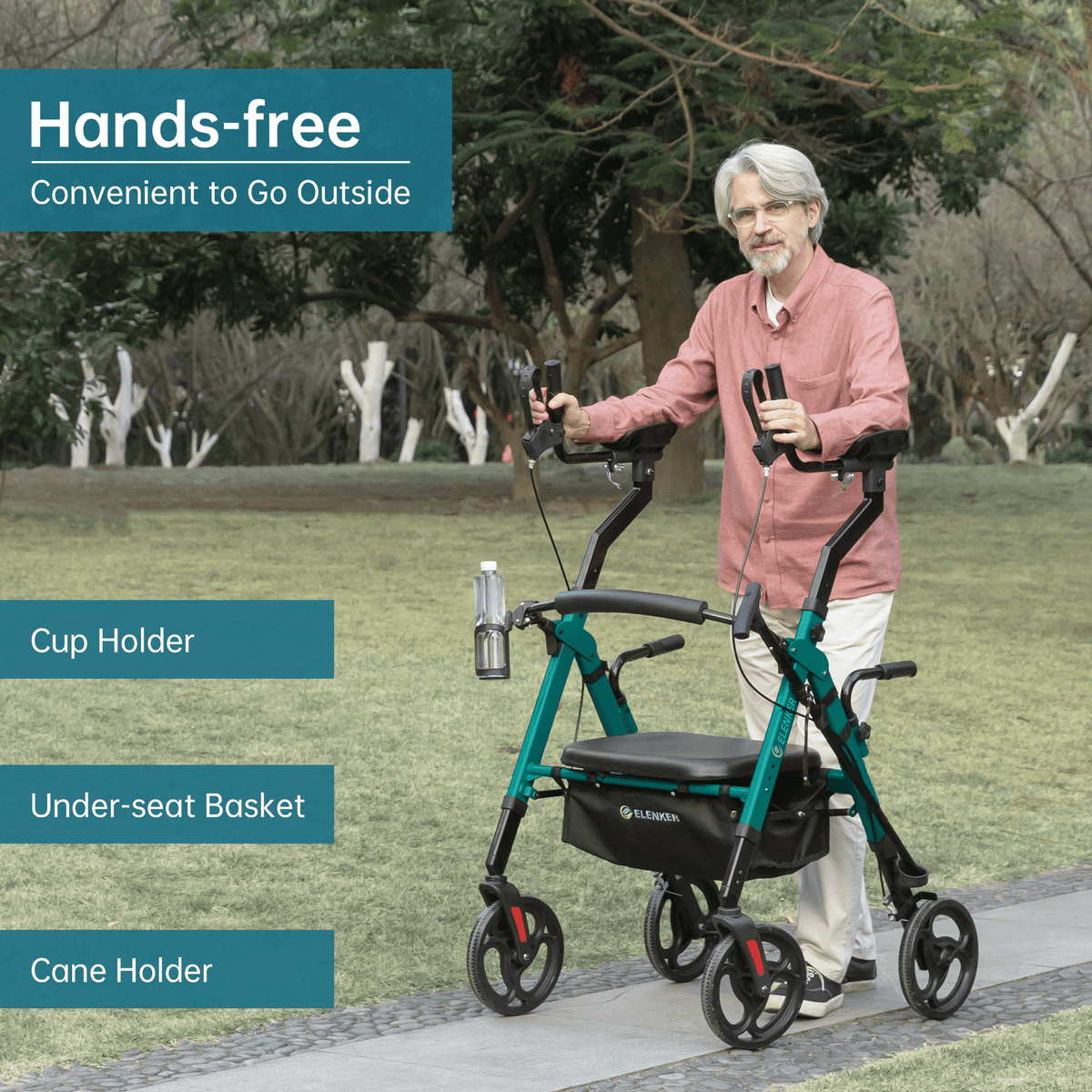 ELENKER Heavy Duty Upright Walker with Seat & All-Terrain 10
