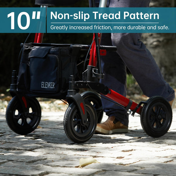 HFK-9202E All Terrain Dual-Brake Compact Foldable Rollator Walker 10" Wheels