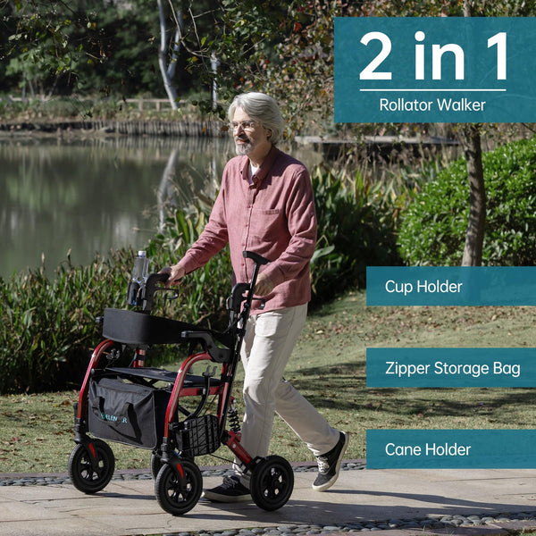 HFK-9294-2 All-Terrain 2-in-1 Shock-Absorbing Rollator Walker 10” Wheels
