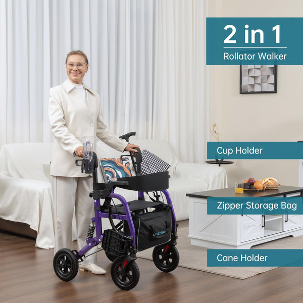 HFK-9294-2 All-Terrain 2-in-1 Shock-Absorbing Rollator Walker 10” Wheels