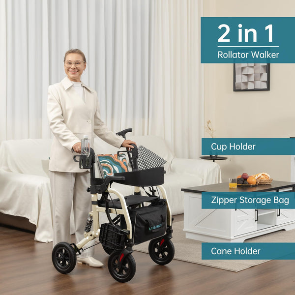 HFK-9294-2 All-Terrain 2-in-1 Shock-Absorbing Rollator Walker 10” Wheels