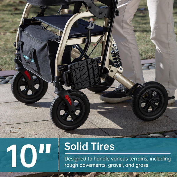 HFK-9294-2 All-Terrain 2-in-1 Shock-Absorbing Rollator Walker 10” Wheels
