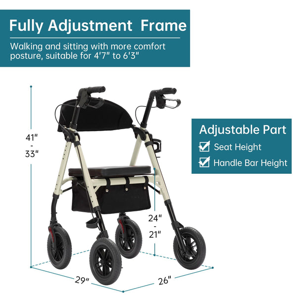 KLD-9218-10 All Terrain Dual-Brake Rollator Walker 10" Wheels