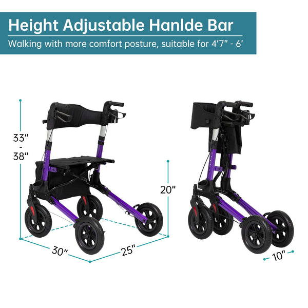HFK-9202E All Terrain Dual-Brake Compact Foldable Rollator Walker 10" Wheels