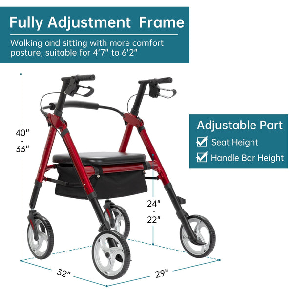 HFK-9219KD-1 Heavy Duty No-Assembly Rollator Walker 10" Wheels