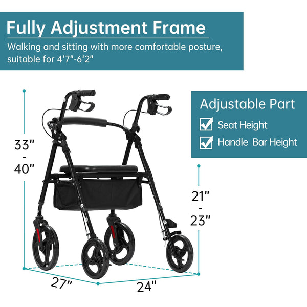 YF-9007B Dual-Brake Ergonomic Handgrip Rollator Walker 10" Wheels