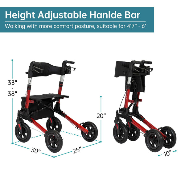 HFK-9202E All Terrain Dual-Brake Compact Foldable Rollator Walker 10" Wheels
