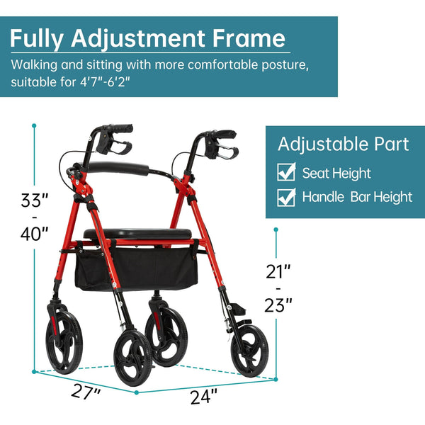 YF-9007B Dual-Brake Ergonomic Handgrip Rollator Walker 10" Wheels