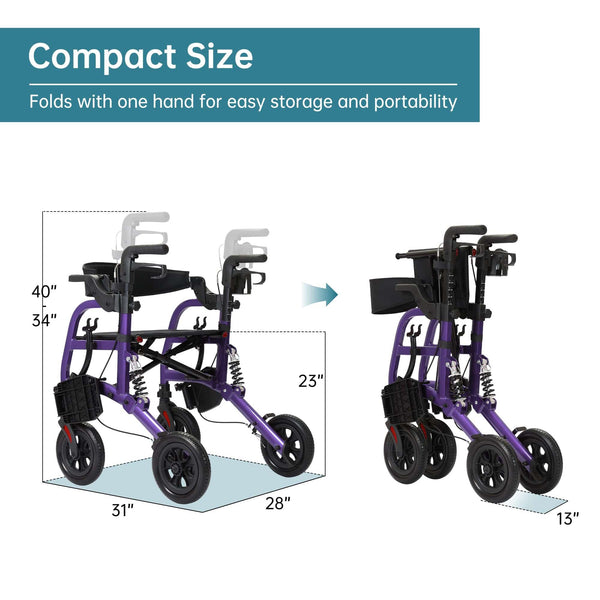 HFK-9294-2 All-Terrain 2-in-1 Shock-Absorbing Rollator Walker 10” Wheels