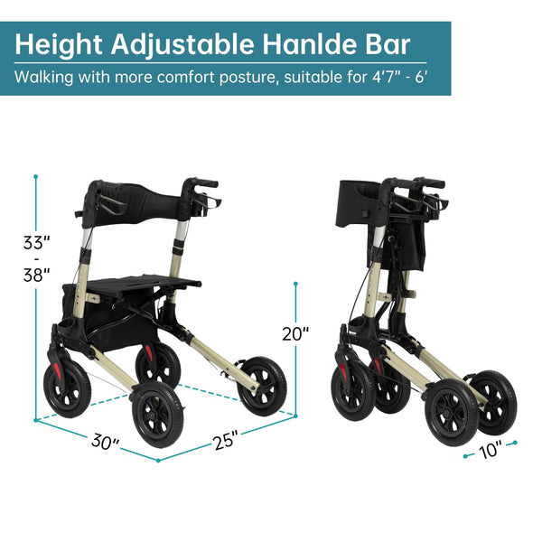 HFK-9202E All Terrain Dual-Brake Compact Foldable Rollator Walker 10" Wheels