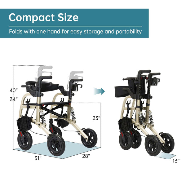 HFK-9294-2 All-Terrain 2-in-1 Shock-Absorbing Rollator Walker 10” Wheels