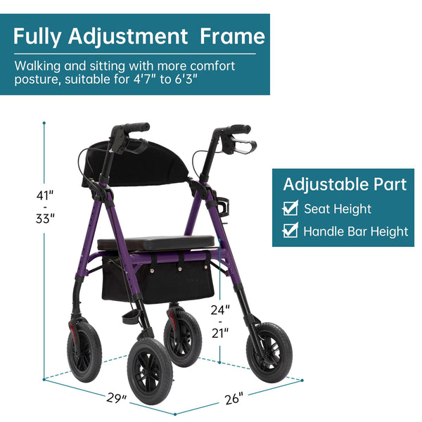KLD-9218-10 All Terrain Dual-Brake Rollator Walker 10" Wheels