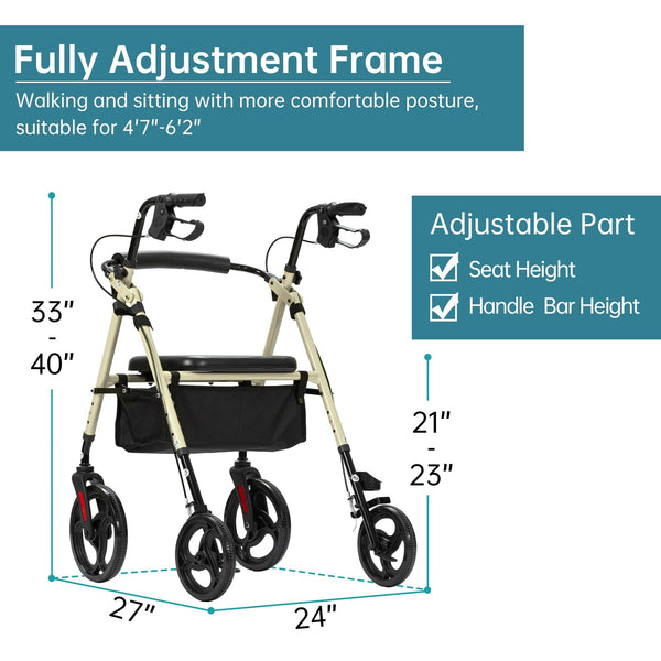 YF-9007B Dual-Brake Ergonomic Handgrip Rollator Walker 10" Wheels