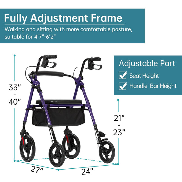 YF-9007B Dual-Brake Ergonomic Handgrip Rollator Walker 10" Wheels
