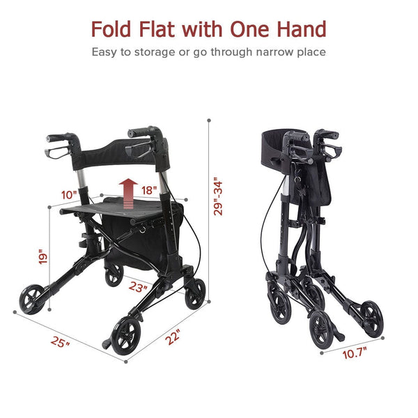 HFK-9202D Medical Rollator Walker,Foldable Stable Compact Rolling Walker with Seat,Detachable Storage Bag Lightweight freeshipping - Elenker
