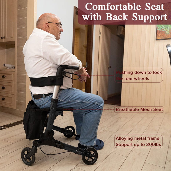 HFK-9202D Medical Rollator Walker,Foldable Stable Compact Rolling Walker with Seat,Detachable Storage Bag Lightweight freeshipping - Elenker