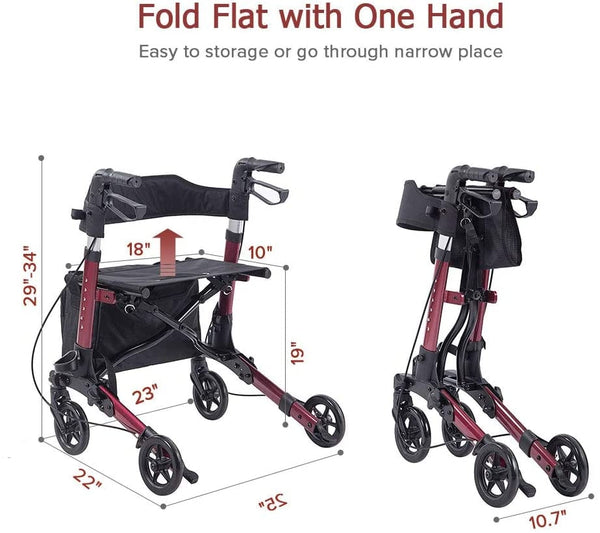HFK-9202D Dual-Brake Compact Foldable Rollator Walker 6" Wheels