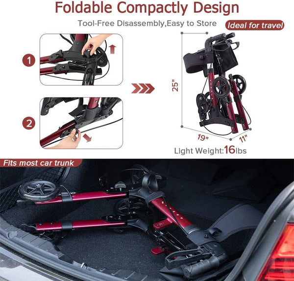 HFK-9202D Dual-Brake Compact Foldable Rollator Walker 6" Wheels
