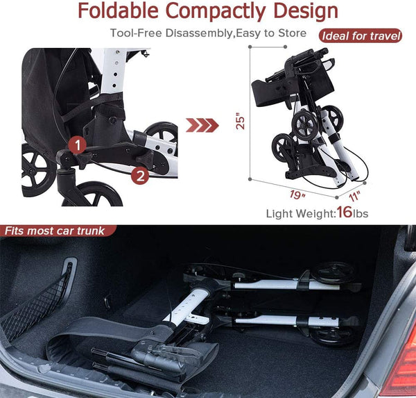 HFK-9202D Dual-Brake Compact Foldable Rollator Walker 6" Wheels