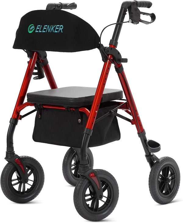 ELENKER® KLD-9218 All-Terrain Rollator Walker with 8” Non-Pneumatic Wheels Sponge Padded Seat and Backrest Fully Adjustment Frame for Seniors  NEW