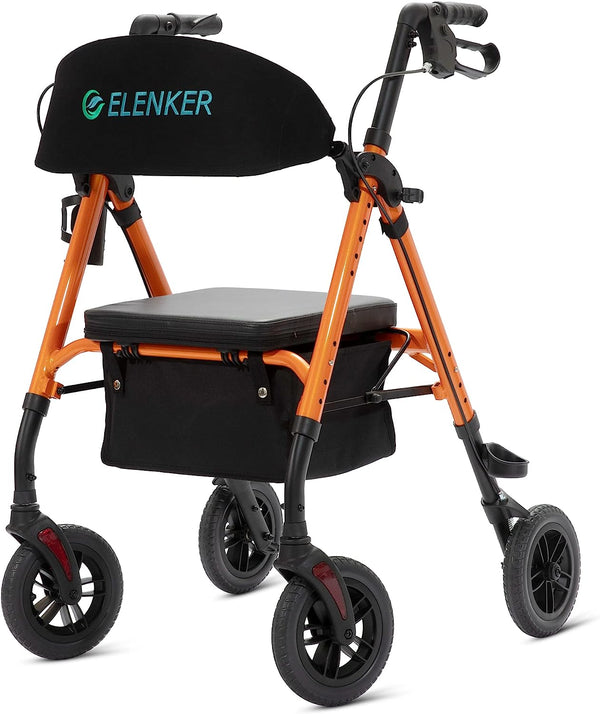 ELENKER® KLD-9218 All-Terrain Rollator Walker with 8” Non-Pneumatic Wheels, Sponge Padded Seat and Backrest, Fully Adjustment Frame for Seniors, Orange