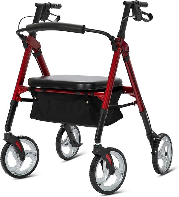 ELENKER® 9219 Heavy Duty Rollator Walker with Extra Wide Padded Seat, Bariatric Rolling Walker, 10" Wheels, Supports up to 500lbs, Fully Adjustment Frame for Seniors Red NEW