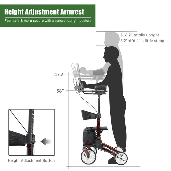 HFK-9240 ELENKER® Upright Walker, Stand Up Folding Rollator Walker with 10” Front Wheels Backrest Seat and Padded Armrests for Seniors and Adults Flame Red Refurbished