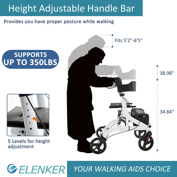 HFK-9211 Rollator Walker with Seat, Rolling Mobility Walking Aid, Shock Absorber and Carrying Pouch, Compact Folding Design, Fits for Elderly from 5’2”-6’5”, Supports up to 350 LBS freeshipping - Elenker