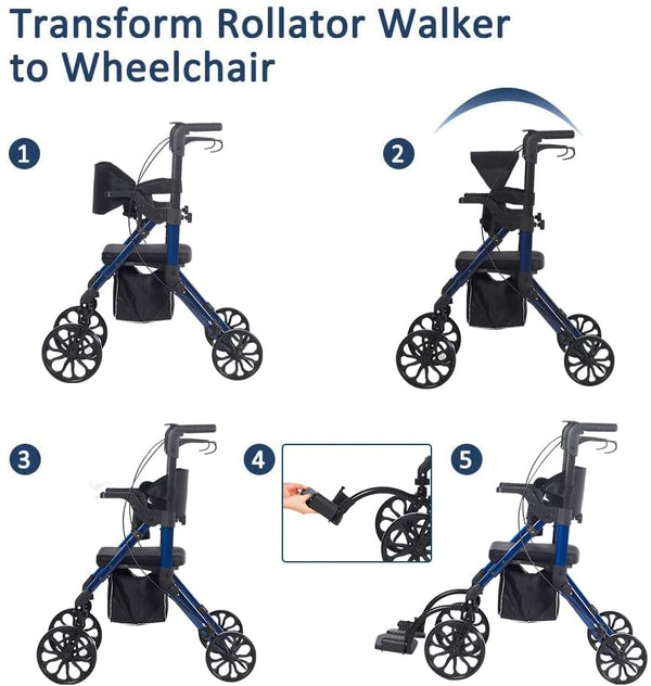 KLD-9269  ELENKER®  2 in 1 Rollator Walker & Transport Chair Folding Wheelchair Rolling Mobility Walking Aid with Seat Belt Padded Seat and Detachable Footrests for Adult NEW