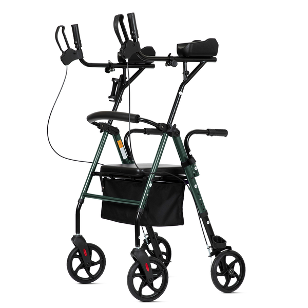 MT-8151 ELENKER® Upright Rollator Walker, Tall Stand Up Rolling Walker & Walking Aid with PU Foam Seat and Oversize Storage Basket for Seniors from 4’8” to 6'4” Green
