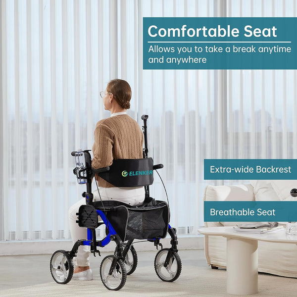ELENKER® KLD-9224 2 in 1 Rollator Walker & Transport Chair, Folding Wheelchair with 10” Non-Slip Wheels for Seniors, Reversible Backrest & Detachable Footrests Blue