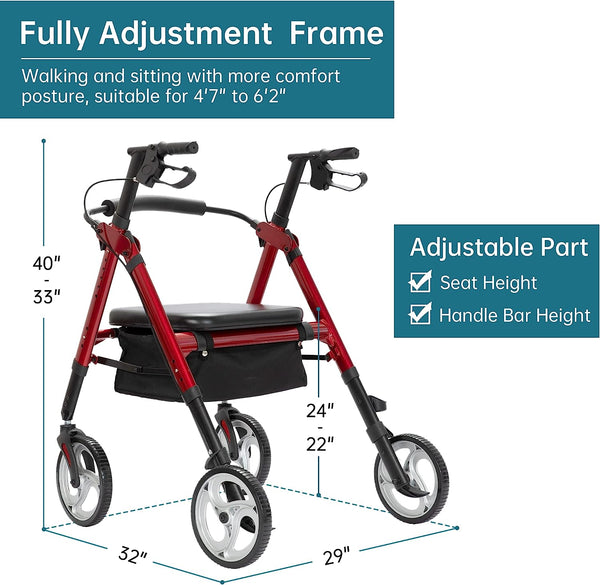 ELENKER® 9219 Heavy Duty Rollator Walker with Extra Wide Padded Seat, Bariatric Rolling Walker, 10" Wheels, Supports up to 500lbs, Fully Adjustment Frame for Seniors Red