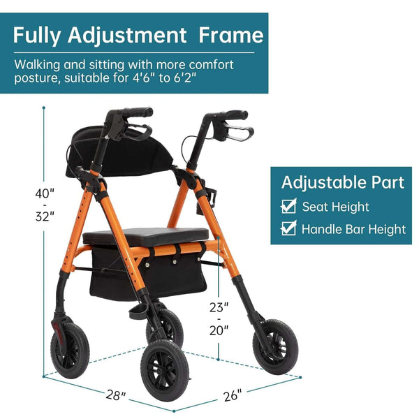 KLD-9218 Dual-Brake All Terrain Rollator Walker with Seat and 8" Wheels