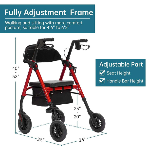 KLD-9218 Dual-Brake All Terrain Rollator Walker with Seat and 8" Wheels