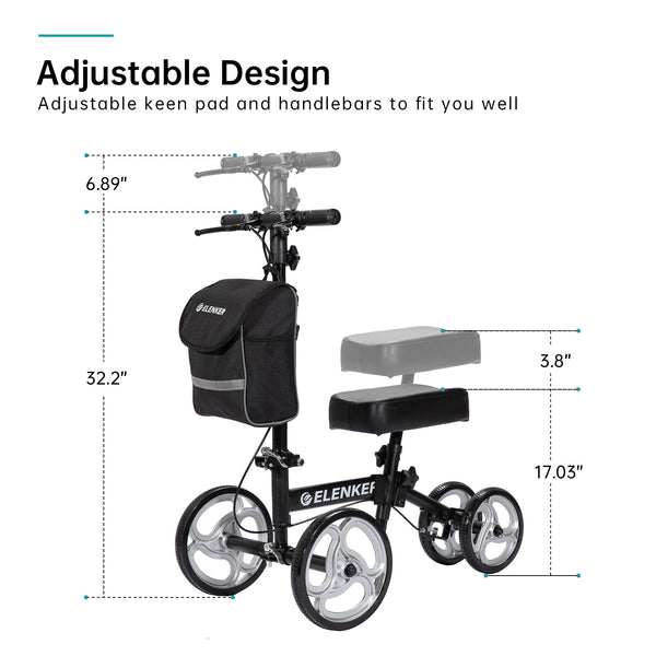 ELENKER® YF-9003D Steerable Knee Walker with 10in Front Wheels Deluxe Medical Scooter for Foot Injuries Compact Crutches Alternative Black Refurbished