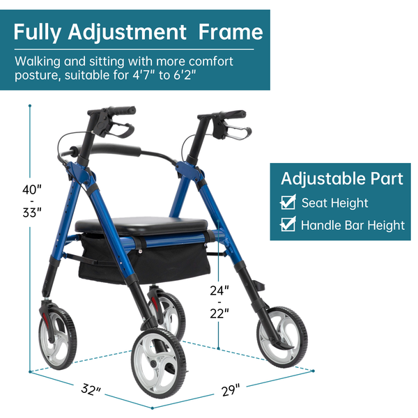 ELENKER® 9219 Heavy Duty Rollator Walker with Extra Wide Padded Seat, Bariatric Rolling Walker, 10" Wheels, Supports up to 500lbs, Fully Adjustment Frame for Seniors blue