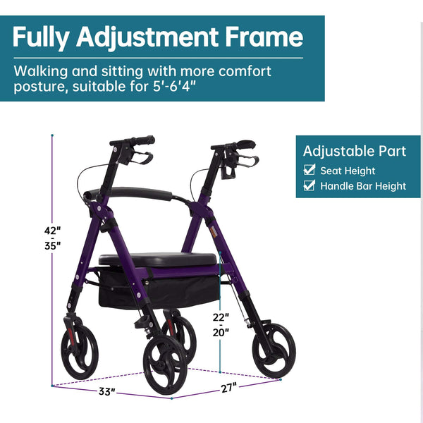 YF-9007A Dual-Brake Heavy Duty Rollator Walker 10" wheels