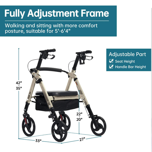 YF-9007A Dual-Brake Heavy Duty Rollator Walker 10" wheels