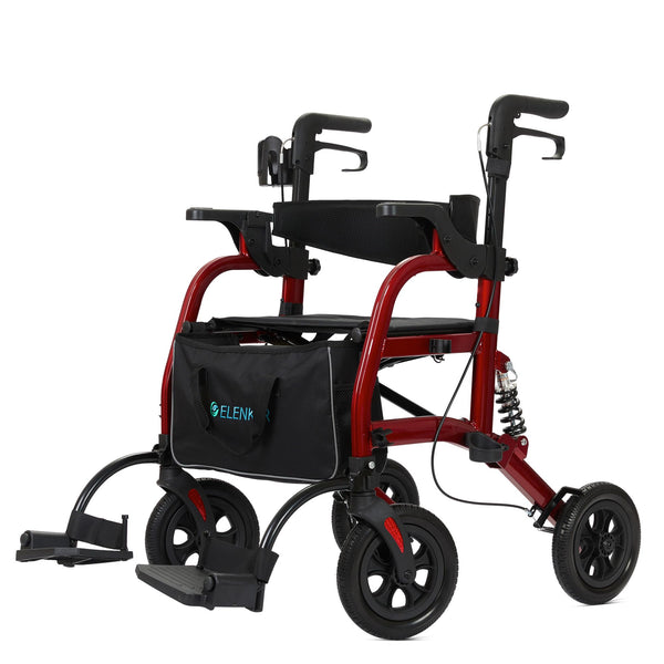 HFK-9294  ELENKER®  All-Terrain 2 in 1 Rollator Walker & Transport Chair for with 10” Non-Pneumatic Wheels Seniors, Folding Rolling Walker Wheelchair Combo with Wide Seat and Shock Absorber Red