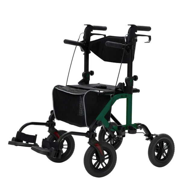 ELENKER® KLD-9224 All-Terrain 2 in 1 Rollator Walker & Transport Chair, Folding Wheelchair with 10in Non-Pneumatic Wheels for Seniors, Reversible Backrest & Detachable Footrests Green